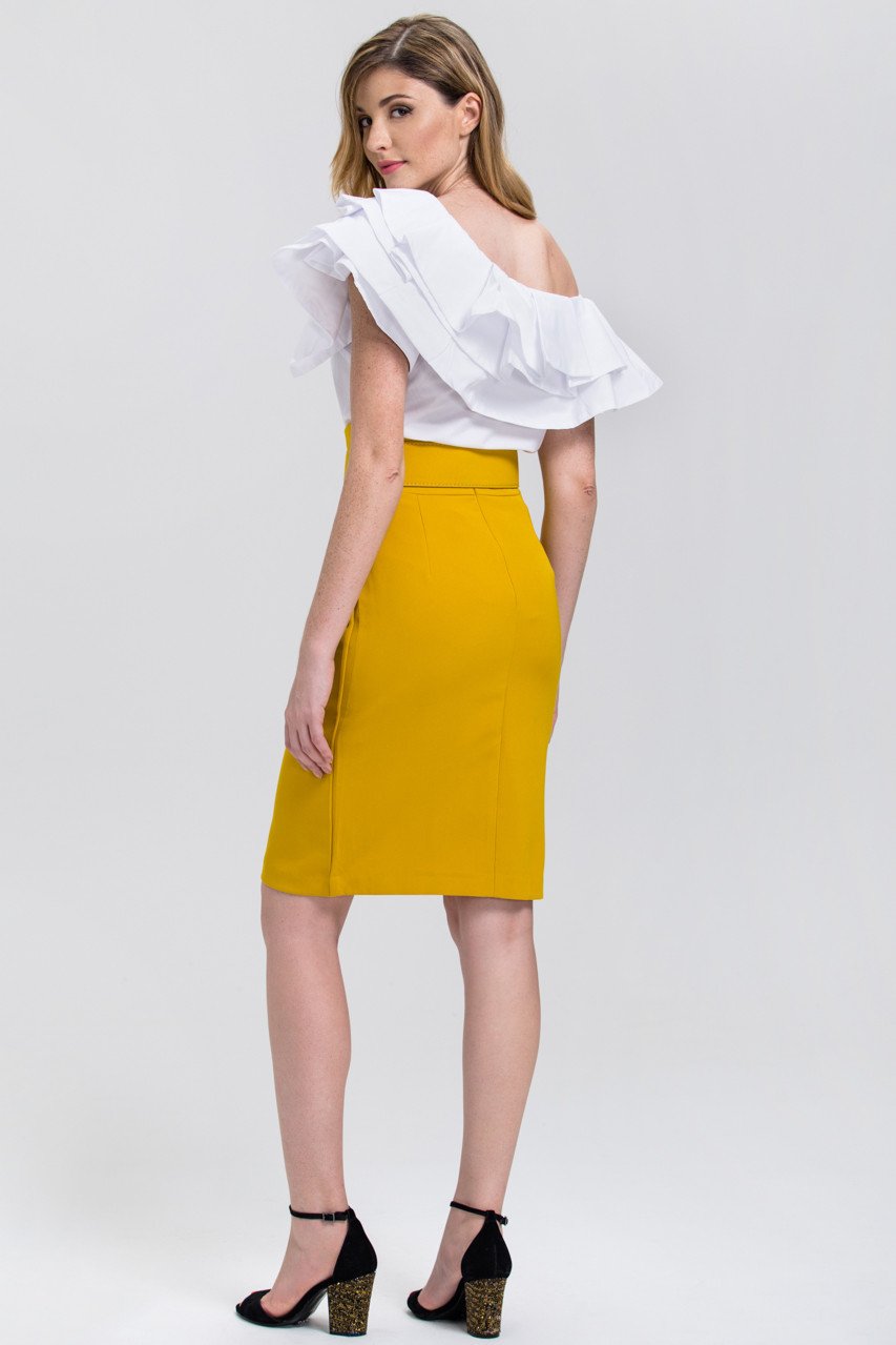 Mustard Belted Pencil Skirt - ownthelooks-Development