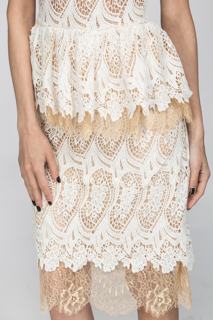 White Lace Scalloped Peplum Midi Dress - ownthelooks-Development
