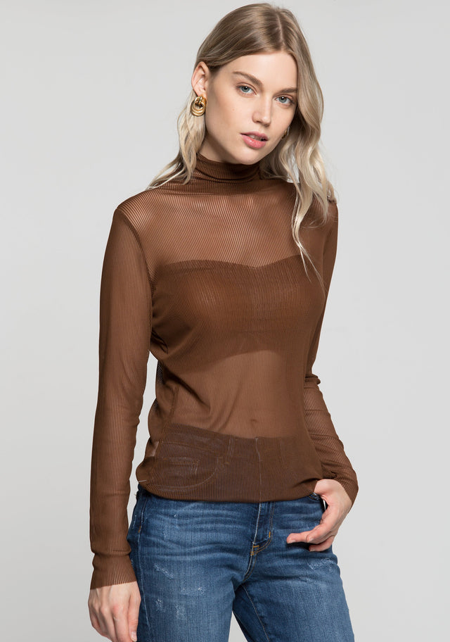 Brown Sheer Turtle Neck Ribbed Top - ownthelooks-Development