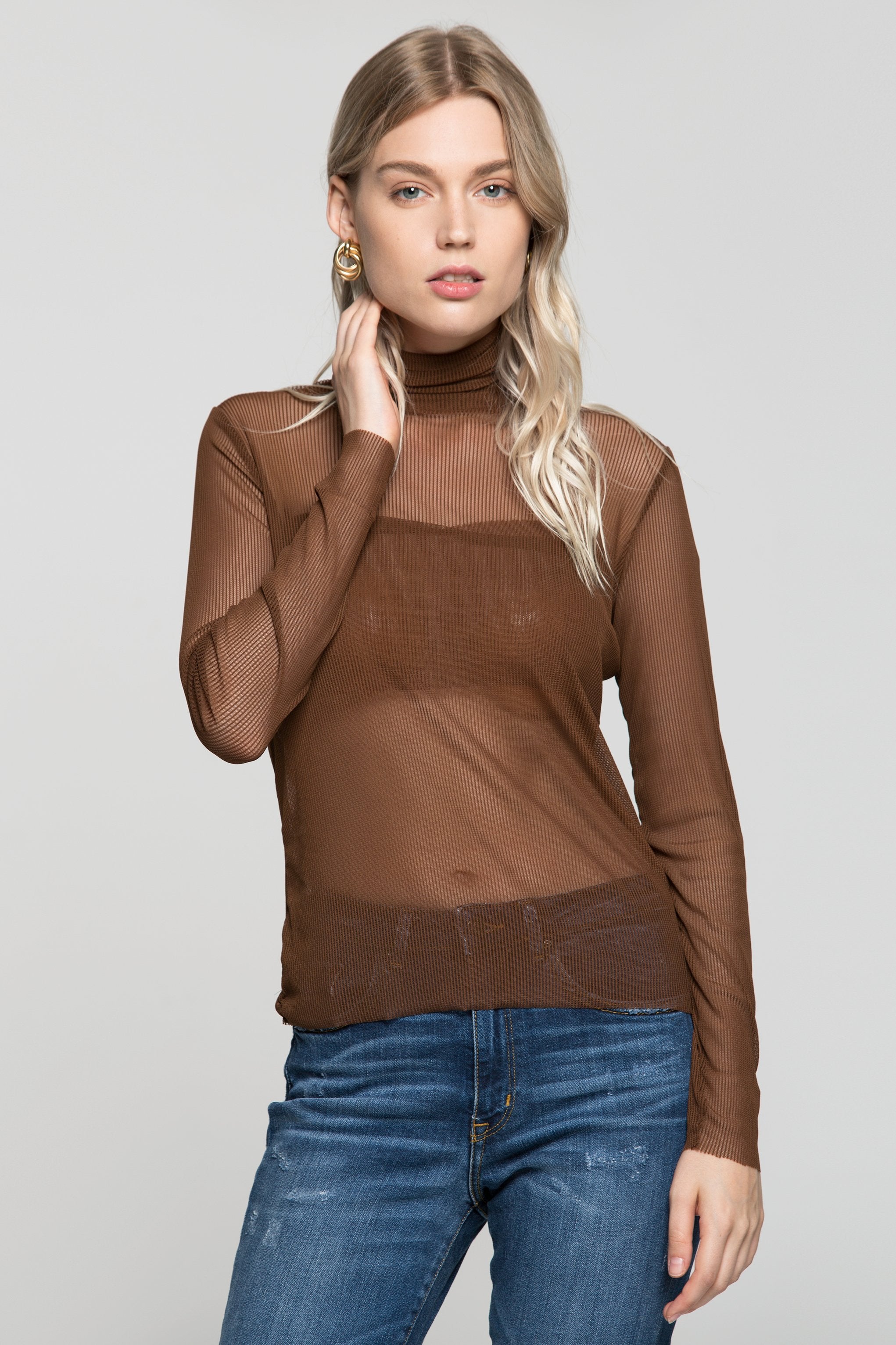 Brown Sheer Turtle Neck Ribbed Top - ownthelooks-Development