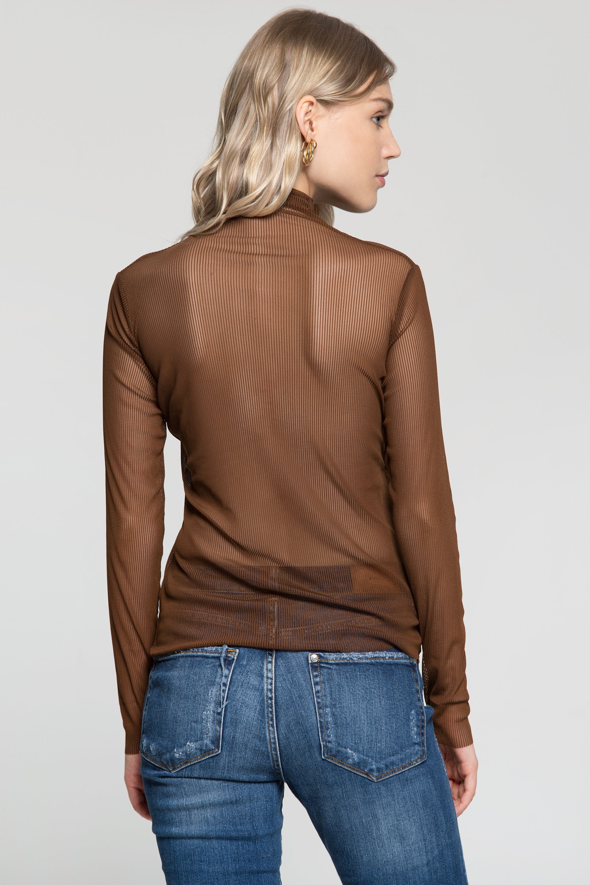 Brown Sheer Turtle Neck Ribbed Top - ownthelooks-Development