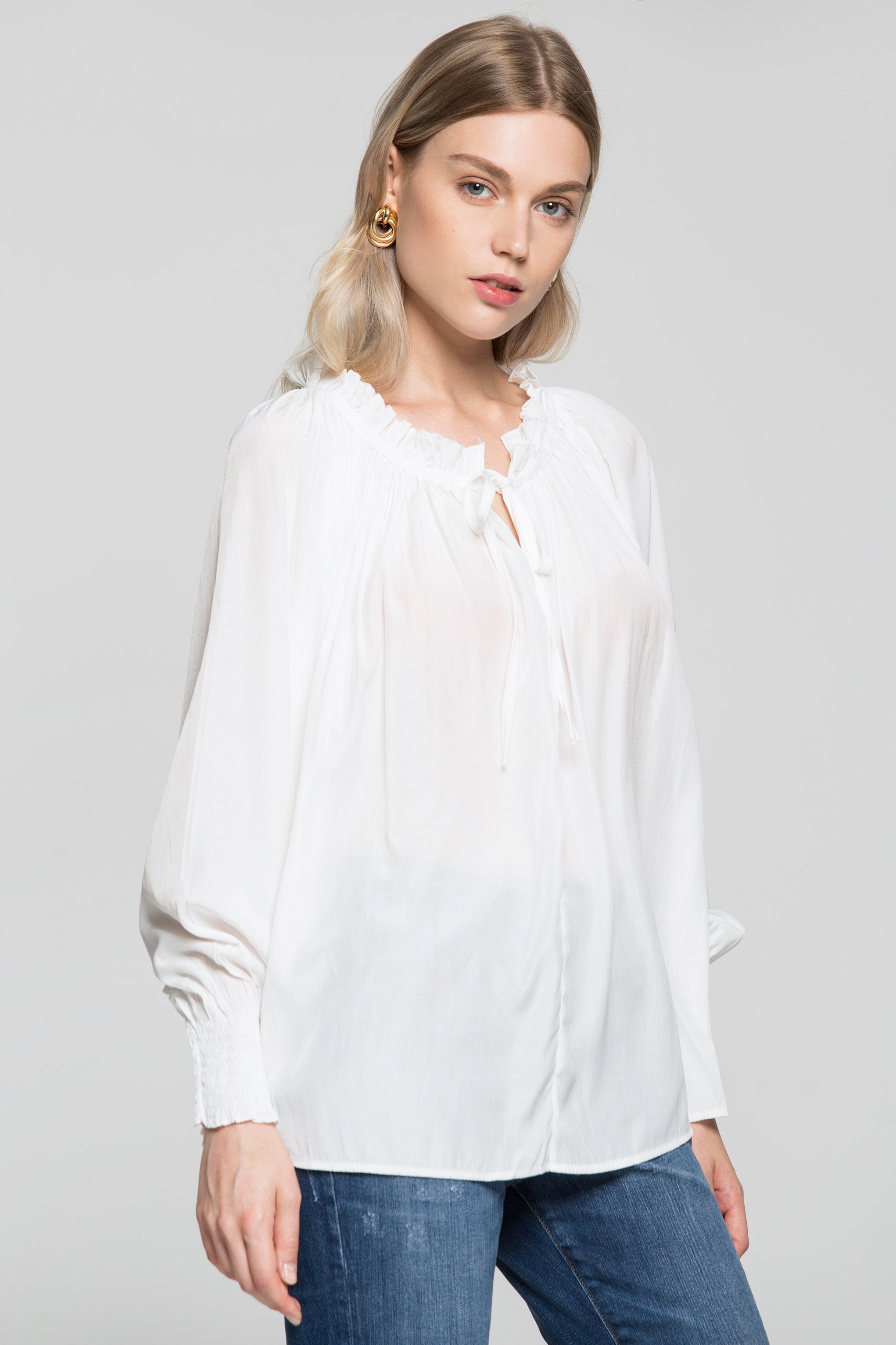 Bright White Gathers Smocked Sleeves Top - ownthelooks-Development