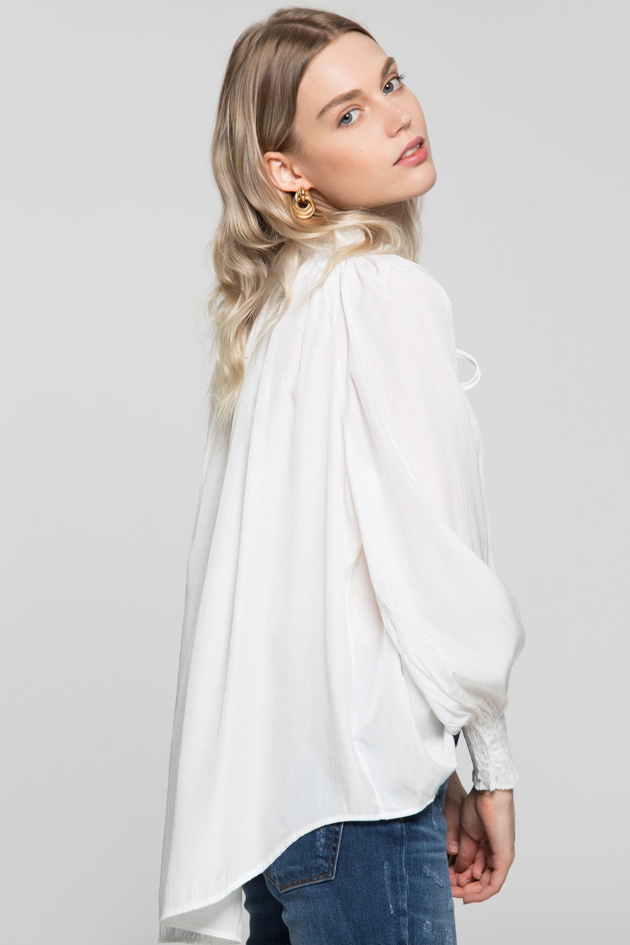 Bright White Gathers Smocked Sleeves Top - ownthelooks-Development