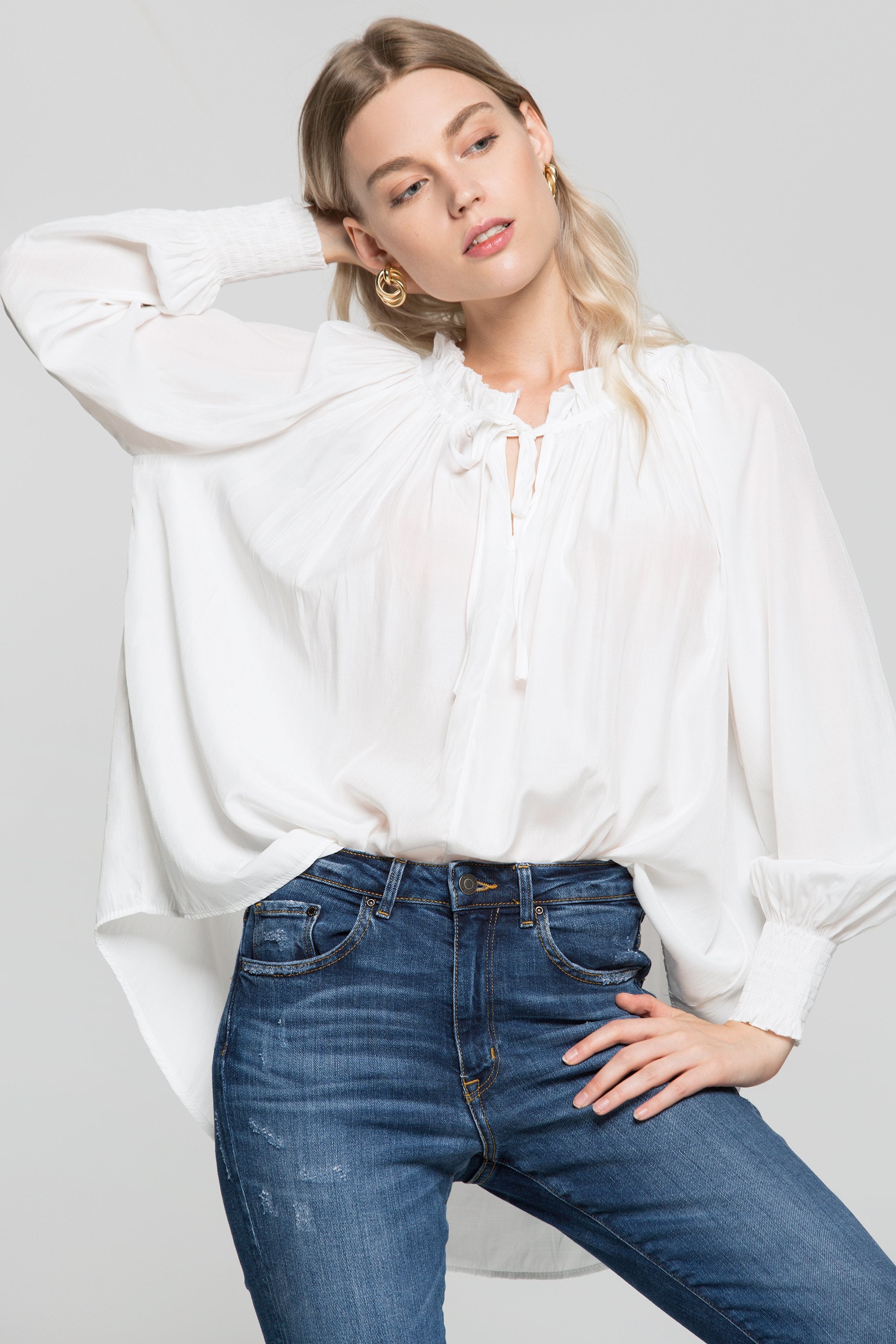Bright White Gathers Smocked Sleeves Top - ownthelooks-Development