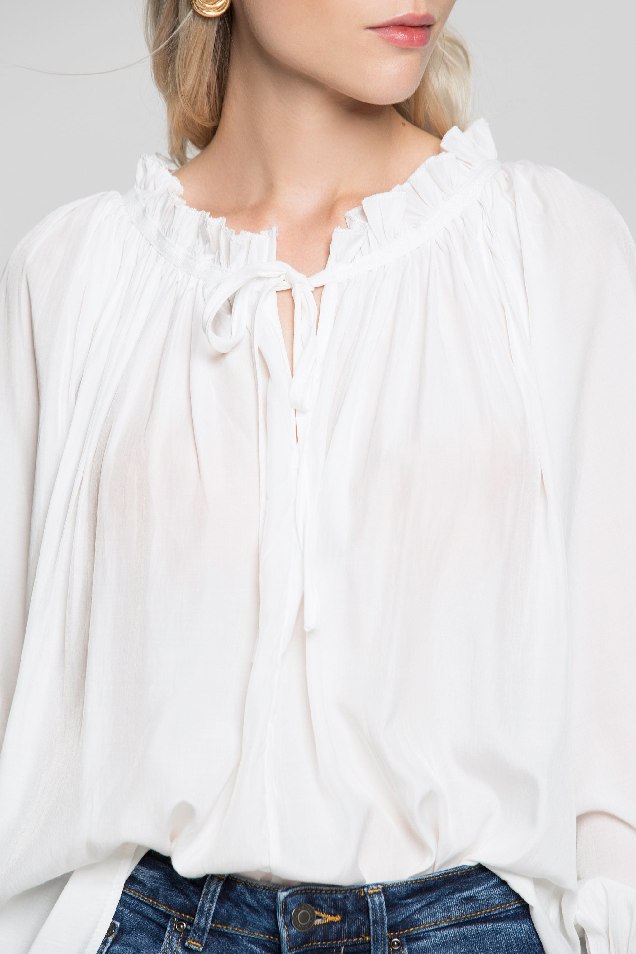Bright White Gathers Smocked Sleeves Top - ownthelooks-Development