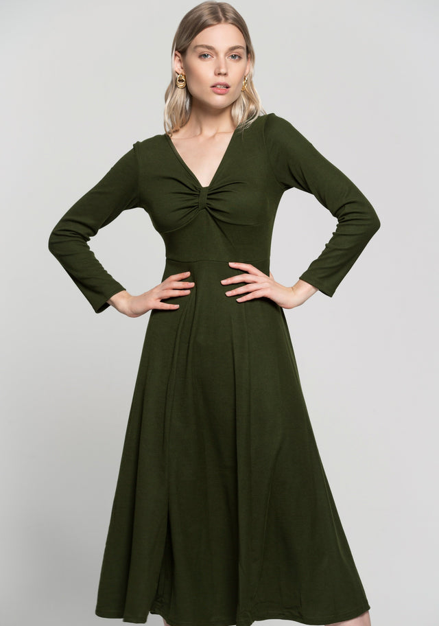 Juniper Green Cinched Neck Full Sleeves Midi Dress - ownthelooks-Development