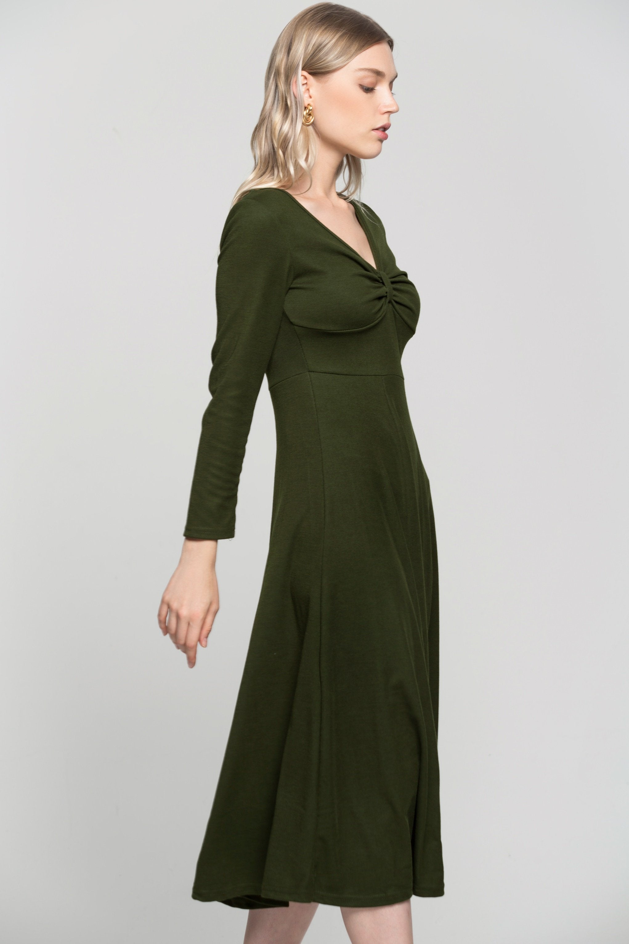 Juniper Green Cinched Neck Full Sleeves Midi Dress - ownthelooks-Development