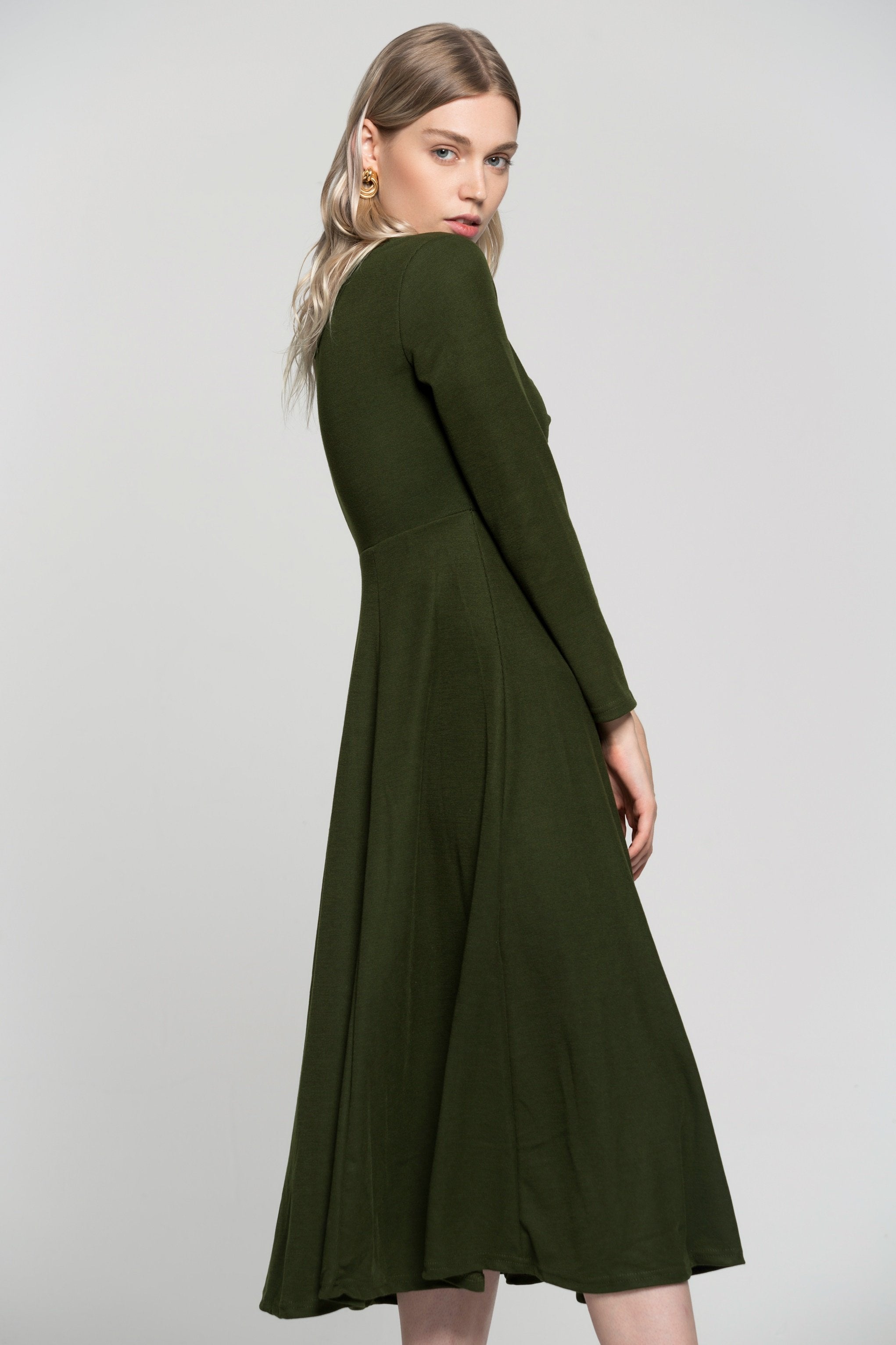 Juniper Green Cinched Neck Full Sleeves Midi Dress - ownthelooks-Development