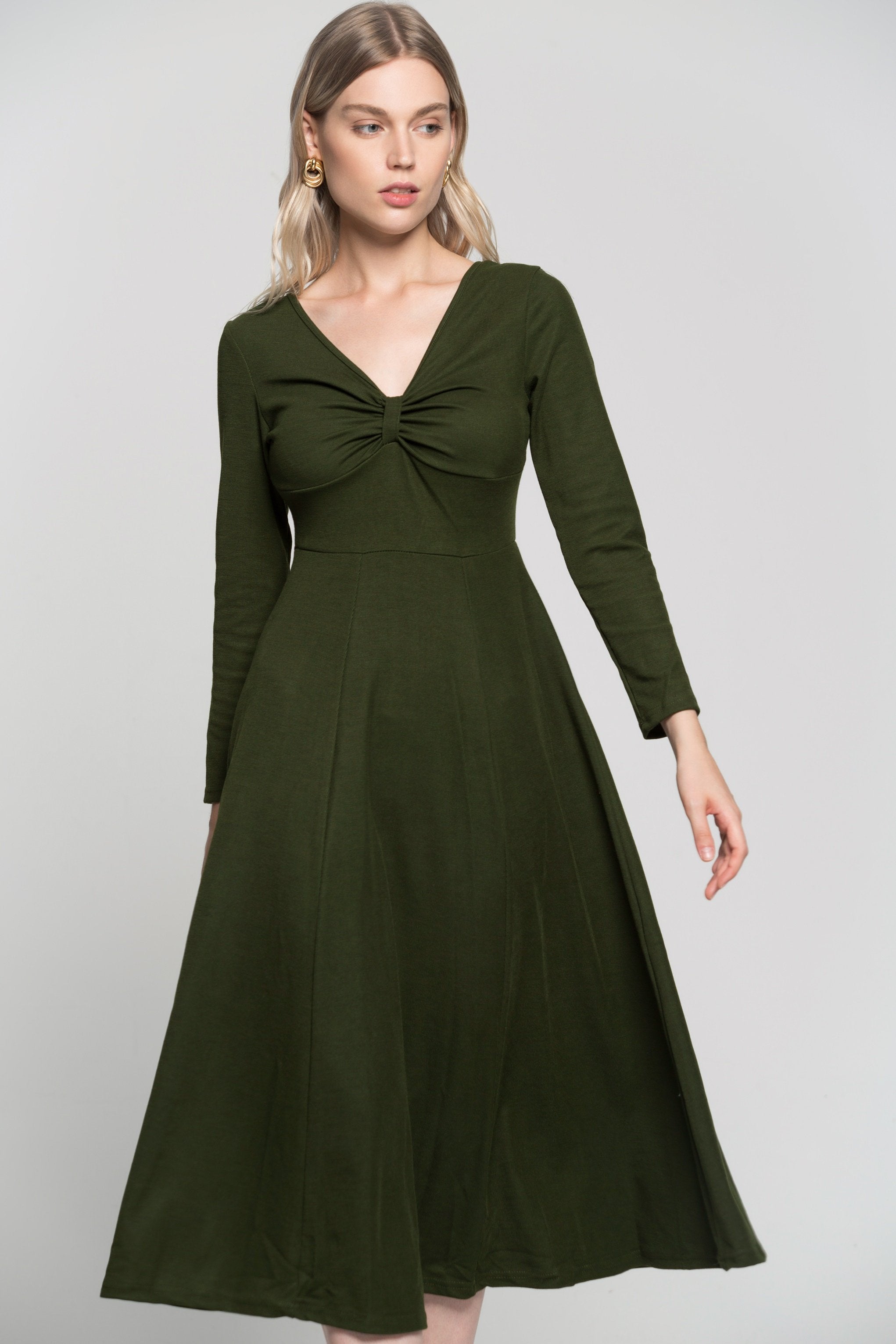 Juniper Green Cinched Neck Full Sleeves Midi Dress - ownthelooks-Development