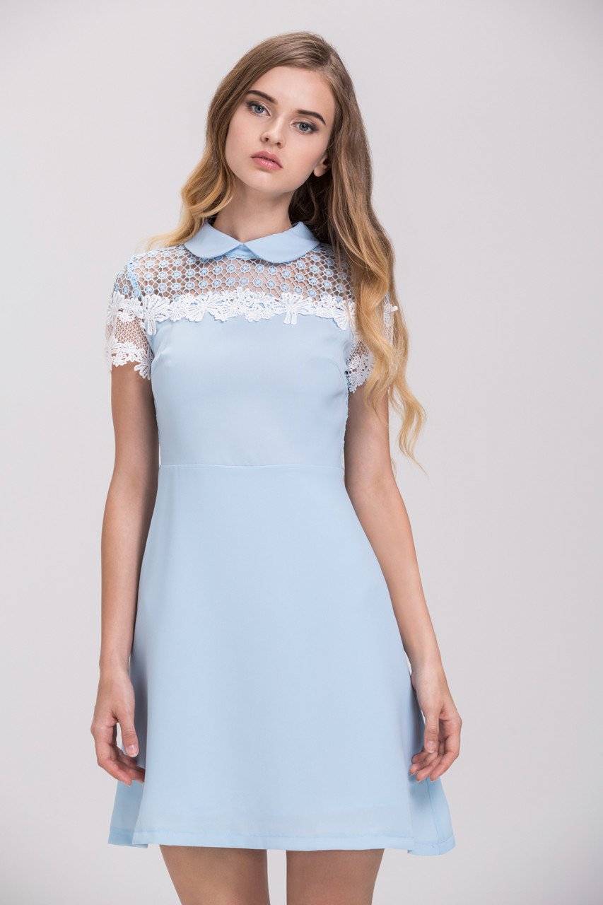 Baby Blue Lace Yoke Collar Mini Dress - ownthelooks-Development
