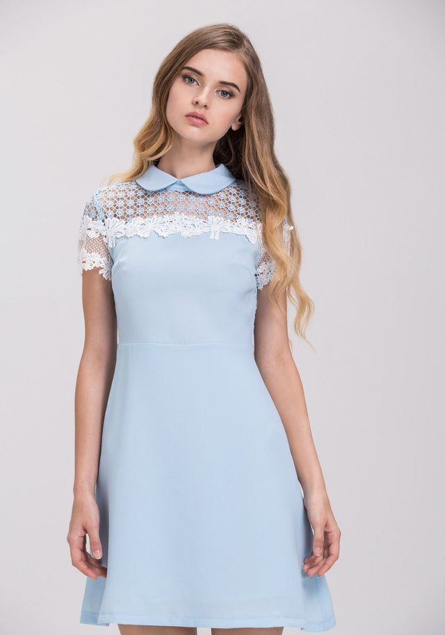 Baby Blue Lace Yoke Collar Mini Dress - ownthelooks-Development