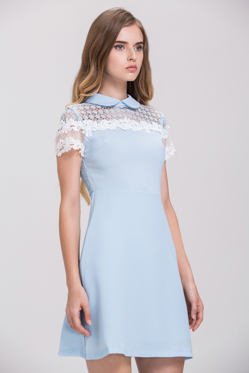 Baby Blue Lace Yoke Collar Mini Dress - ownthelooks-Development