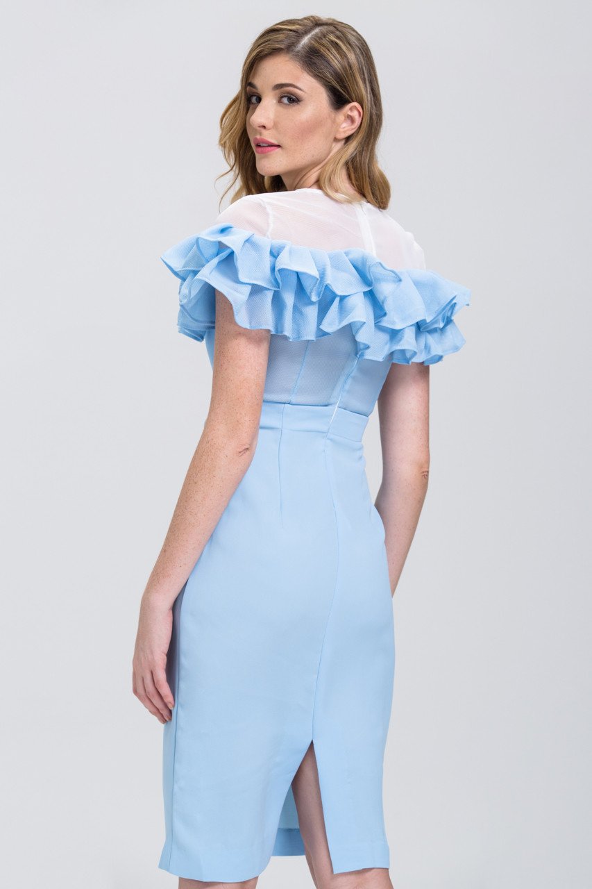 Fatima Almomen - Baby Blue Mesh Yoke Ruffled Midi Dress - ownthelooks-Development