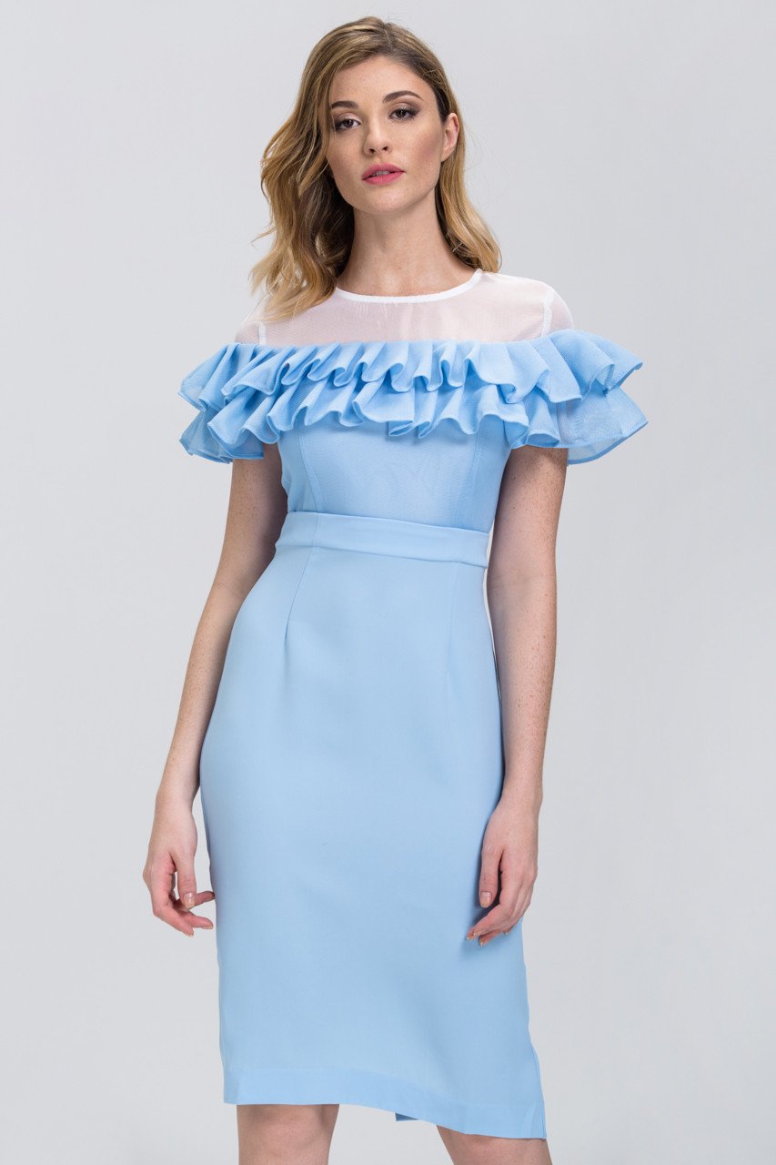 Fatima Almomen - Baby Blue Mesh Yoke Ruffled Midi Dress - ownthelooks-Development