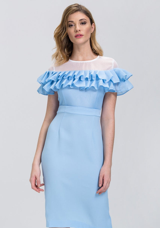 Fatima Almomen - Baby Blue Mesh Yoke Ruffled Midi Dress - ownthelooks-Development