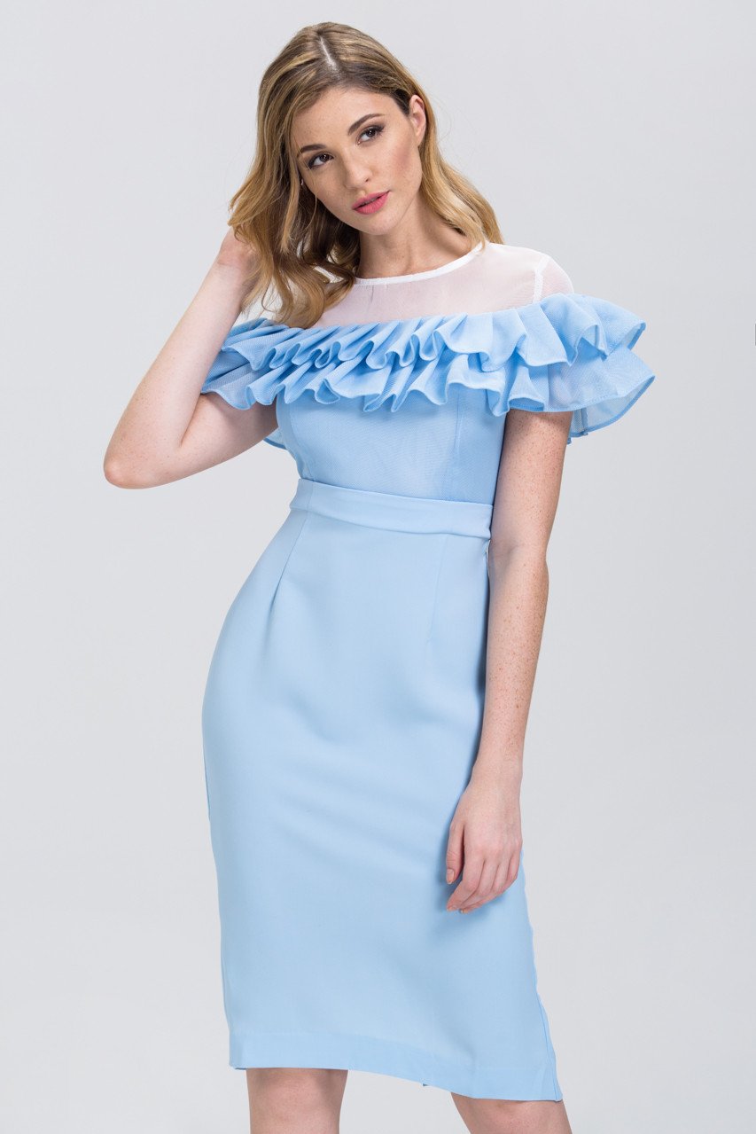 Fatima Almomen - Baby Blue Mesh Yoke Ruffled Midi Dress - ownthelooks-Development