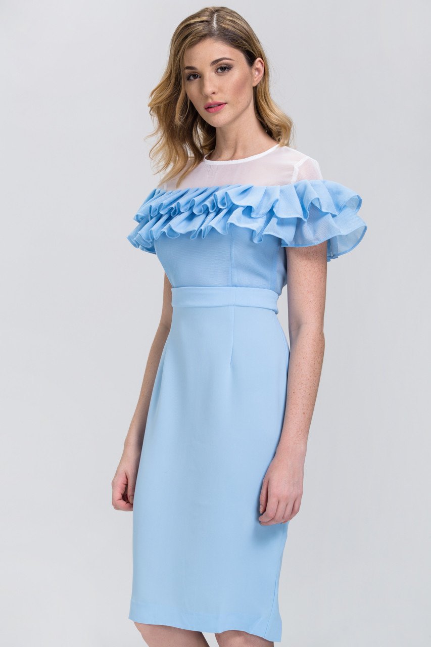 Fatima Almomen - Baby Blue Mesh Yoke Ruffled Midi Dress - ownthelooks-Development
