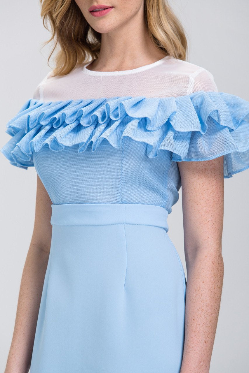 Fatima Almomen - Baby Blue Mesh Yoke Ruffled Midi Dress - ownthelooks-Development