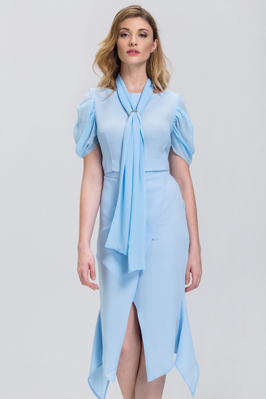 Baby Blue Sheer sleeve Mermaid Midi Dress - ownthelooks-Development