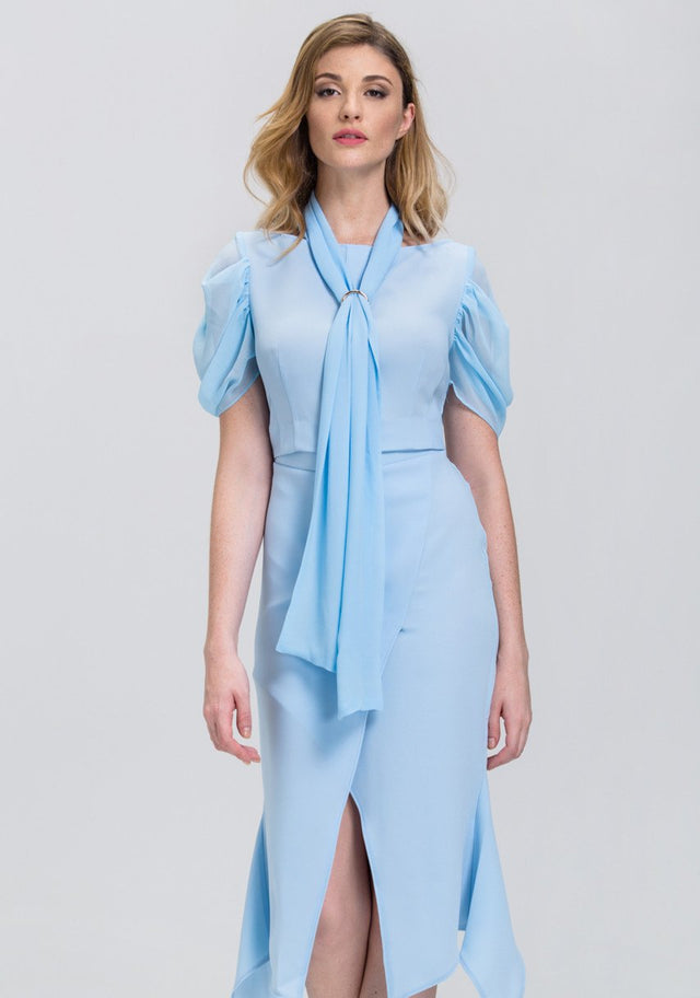 Baby Blue Sheer sleeve Mermaid Midi Dress - ownthelooks-Development