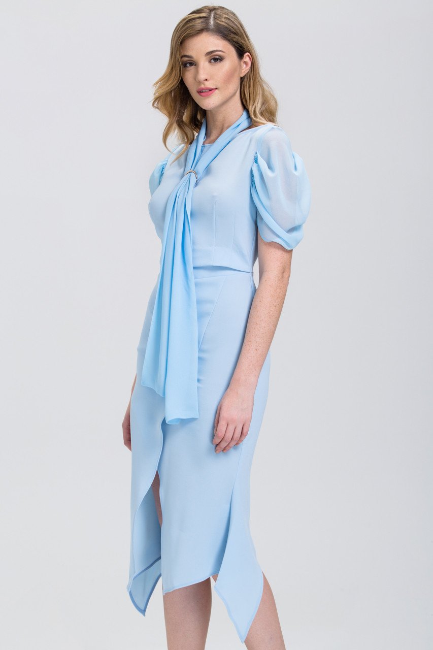 Baby Blue Sheer sleeve Mermaid Midi Dress - ownthelooks-Development