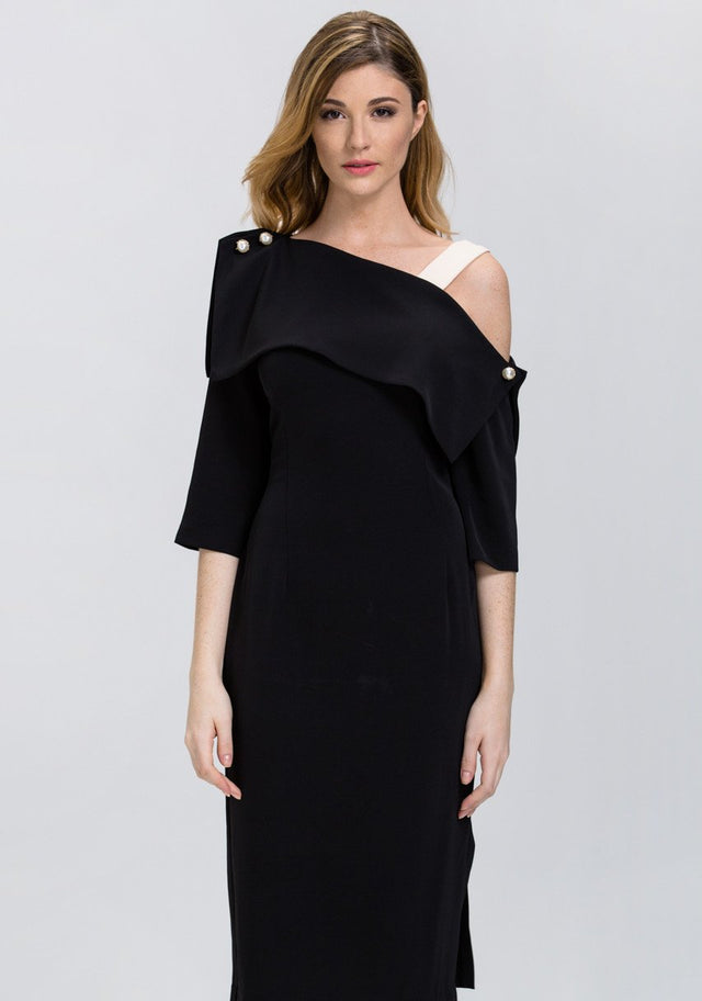 Black Asymmetric Pearl Pin Midi Dress - ownthelooks-Development