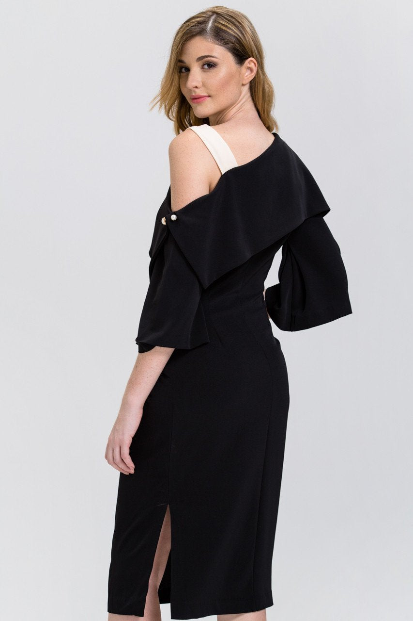 Black Asymmetric Pearl Pin Midi Dress - ownthelooks-Development