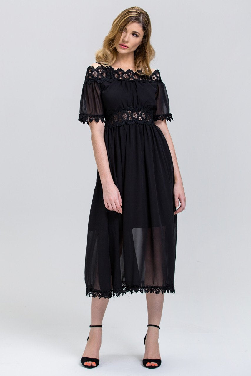Black Chiffon Lace Trim Midi Dress - ownthelooks-Development