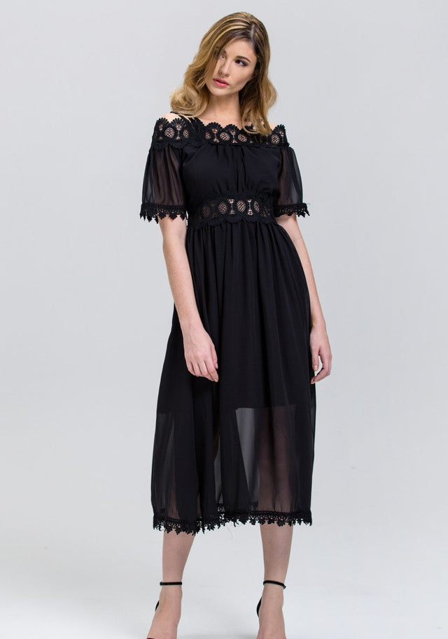 Black Chiffon Lace Trim Midi Dress - ownthelooks-Development