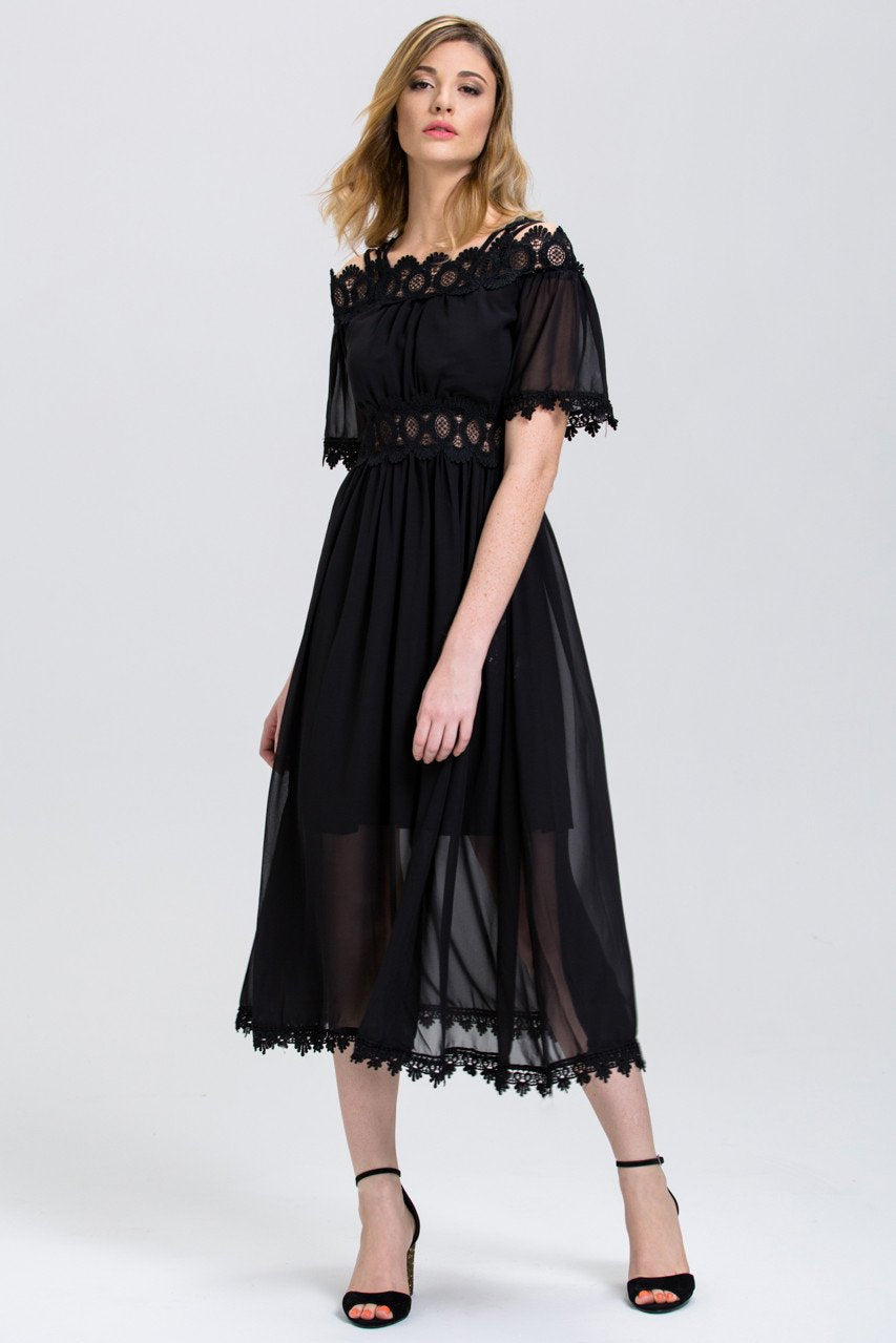 Black Chiffon Lace Trim Midi Dress - ownthelooks-Development
