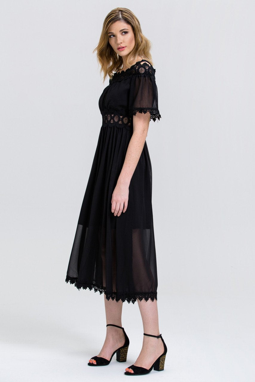 Black Chiffon Lace Trim Midi Dress - ownthelooks-Development