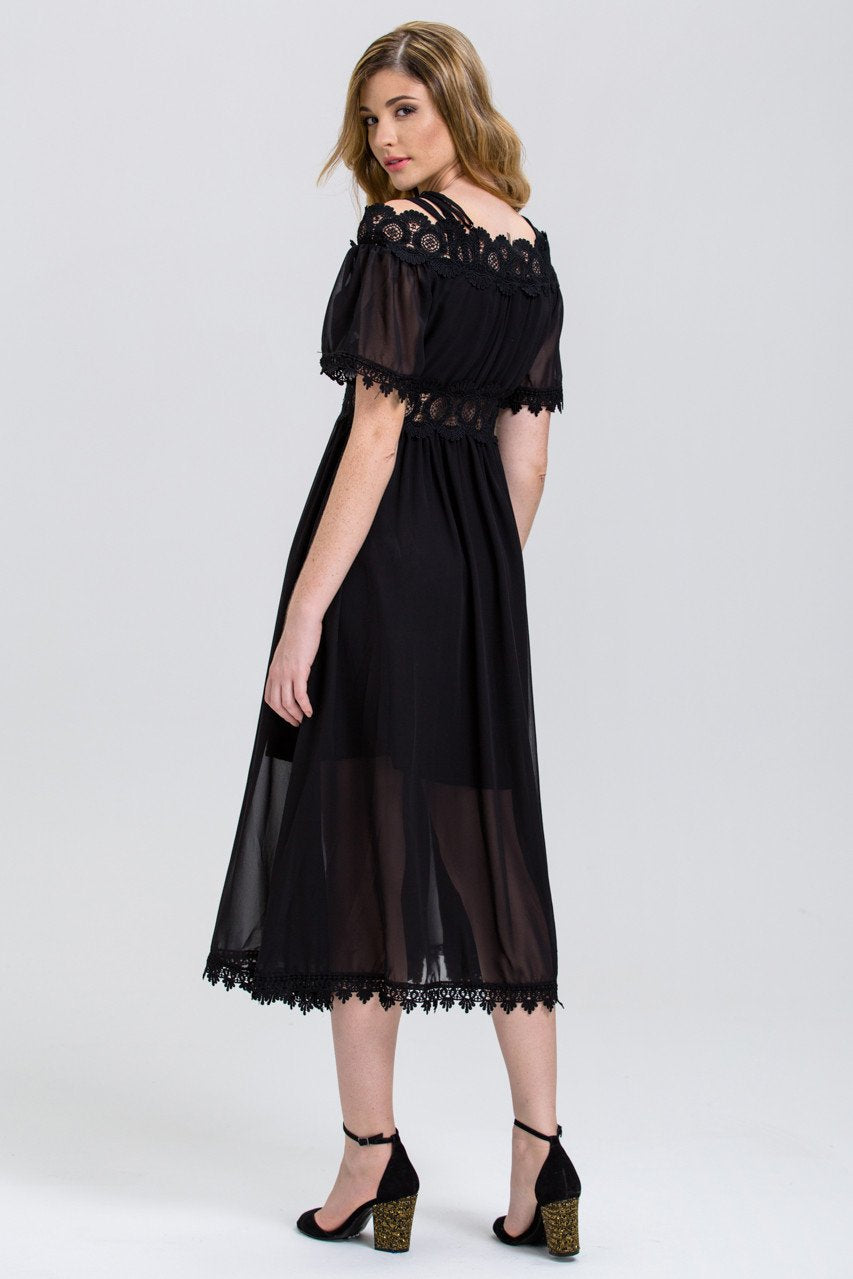 Black Chiffon Lace Trim Midi Dress - ownthelooks-Development