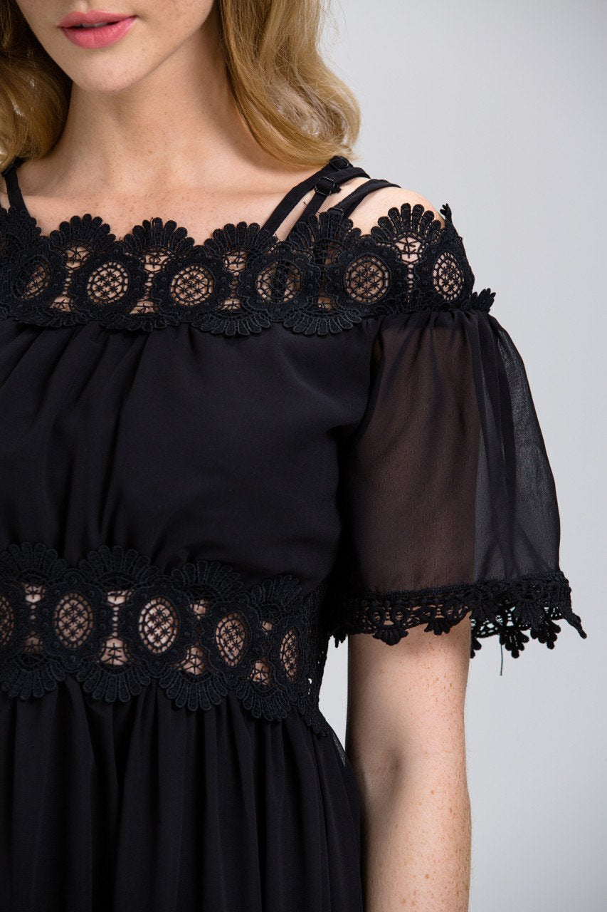 Black Chiffon Lace Trim Midi Dress - ownthelooks-Development