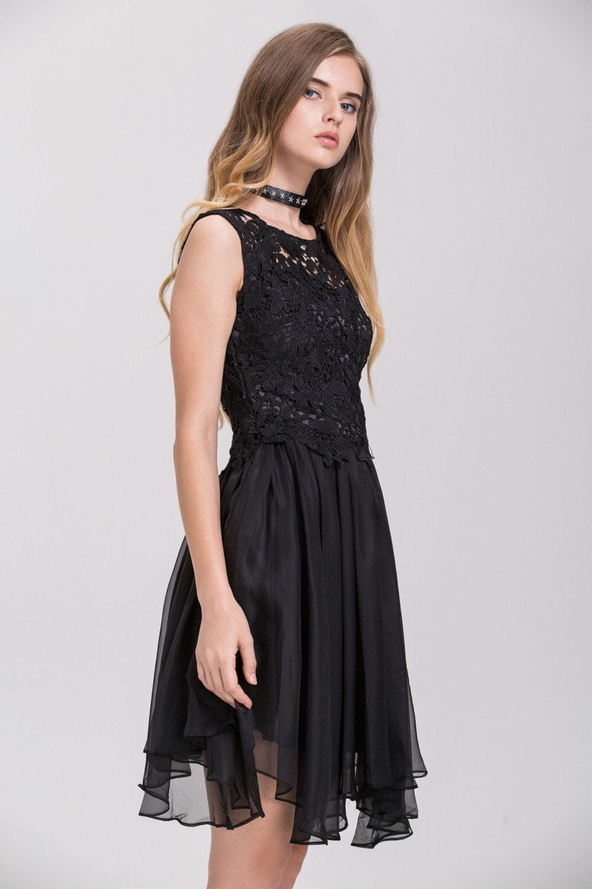 Black Embroidered Lace Chiffon Princess Mini Dress - ownthelooks-Development