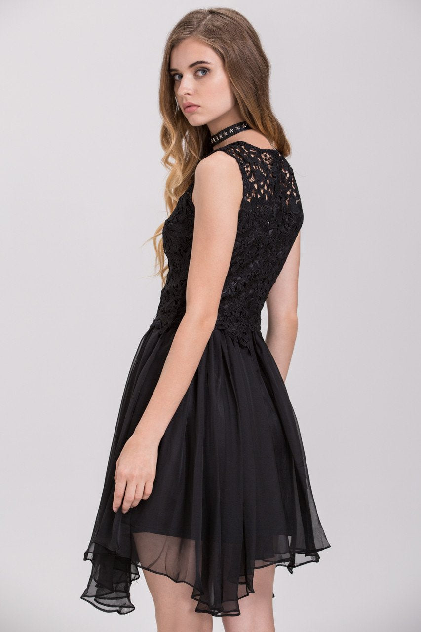 Black Embroidered Lace Chiffon Princess Mini Dress - ownthelooks-Development