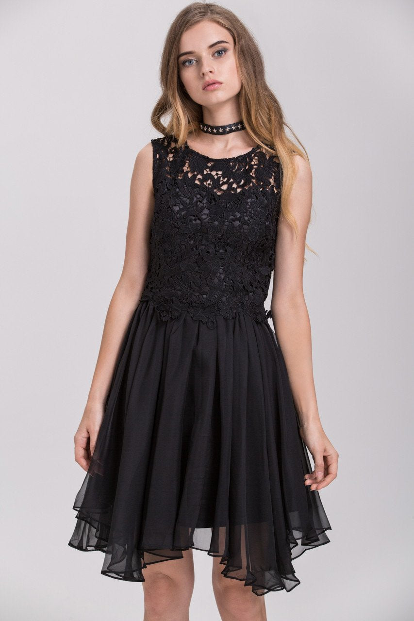 Black Embroidered Lace Chiffon Princess Mini Dress - ownthelooks-Development