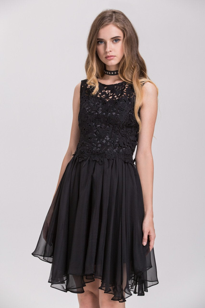 Black Embroidered Lace Chiffon Princess Mini Dress - ownthelooks-Development