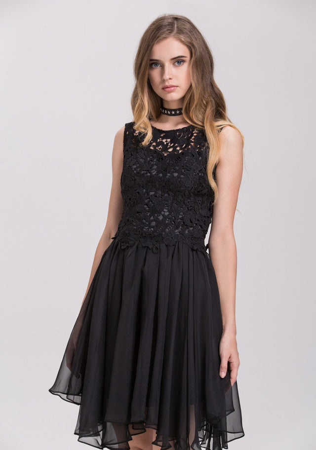 Black Embroidered Lace Chiffon Princess Mini Dress - ownthelooks-Development