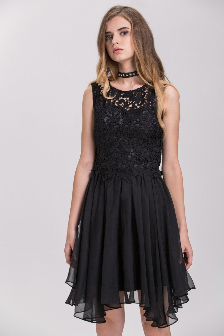 Black Embroidered Lace Chiffon Princess Mini Dress - ownthelooks-Development