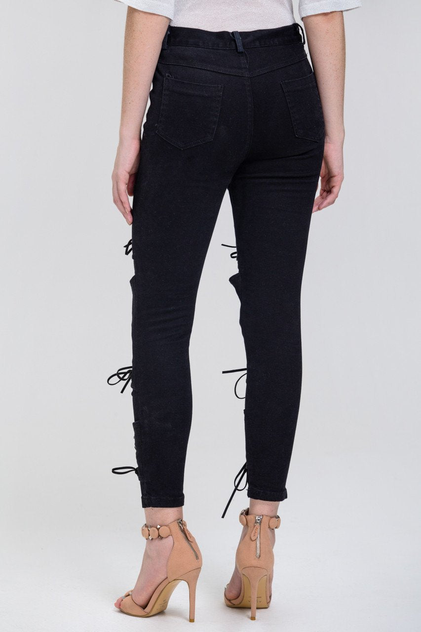 Black Lace Up Leg Skinny Jeans - ownthelooks-Development