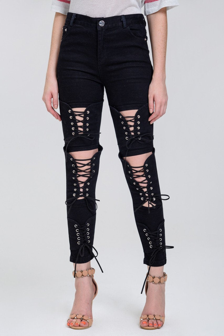 Black Lace Up Leg Skinny Jeans - ownthelooks-Development