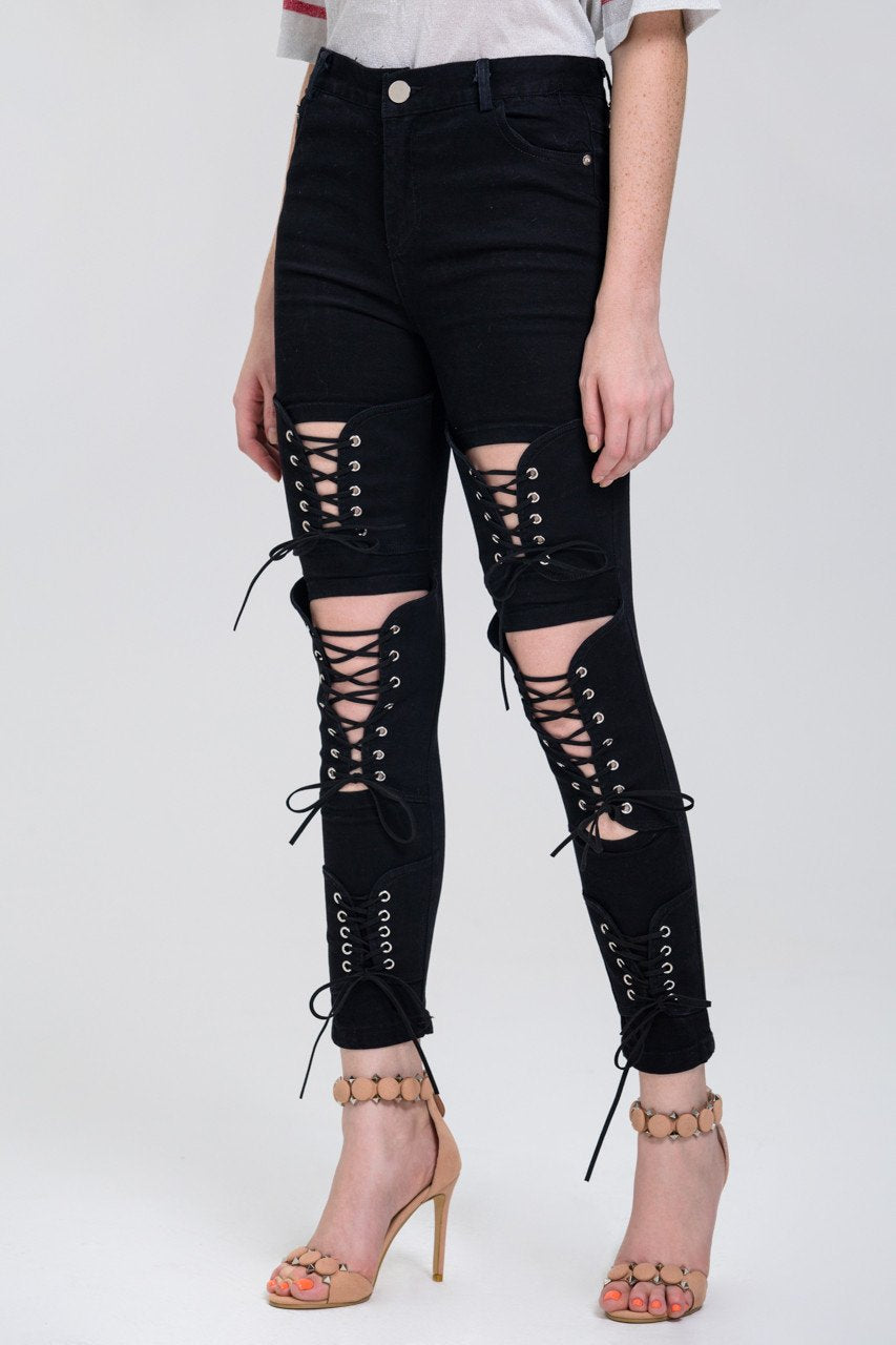 Black Lace Up Leg Skinny Jeans - ownthelooks-Development