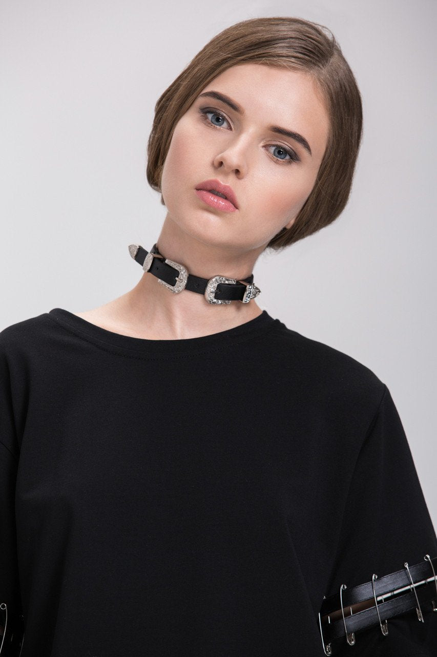 Black Oversized Pin Shoulder Detail Top - ownthelooks-Development