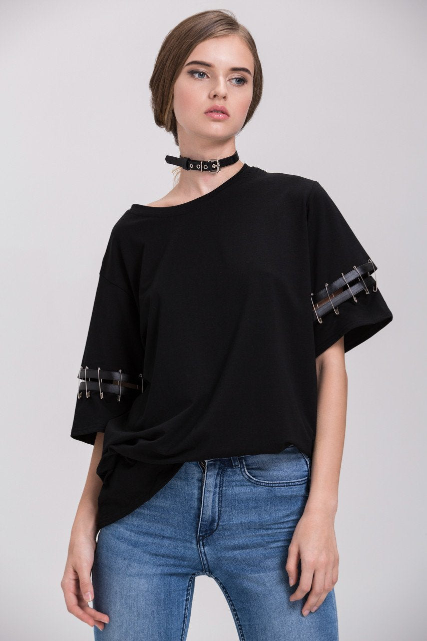 Black Oversized Pin Shoulder Detail Top - ownthelooks-Development