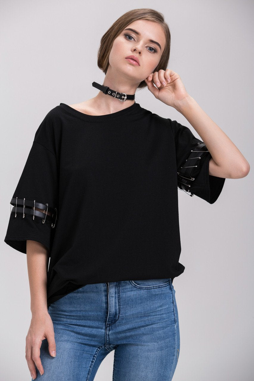 Black Oversized Pin Shoulder Detail Top - ownthelooks-Development