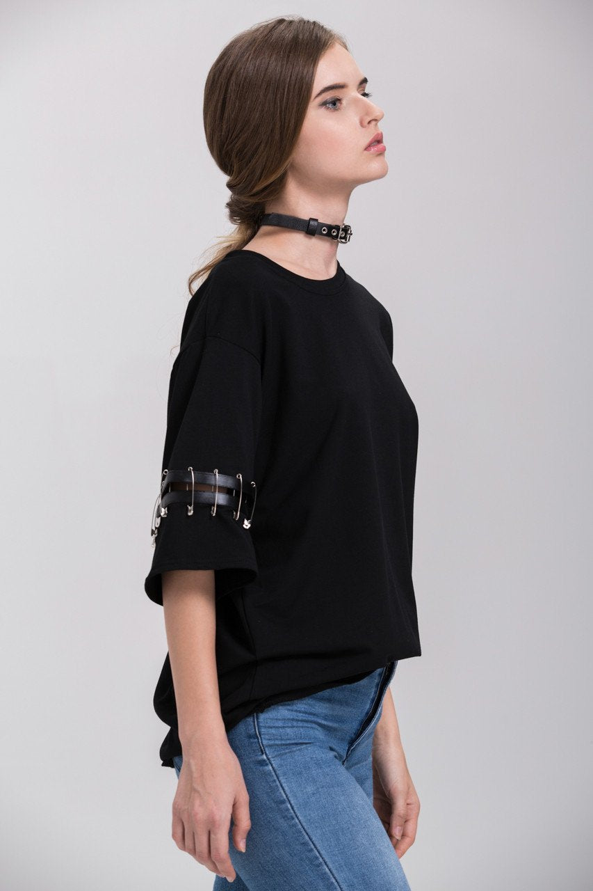 Black Oversized Pin Shoulder Detail Top - ownthelooks-Development