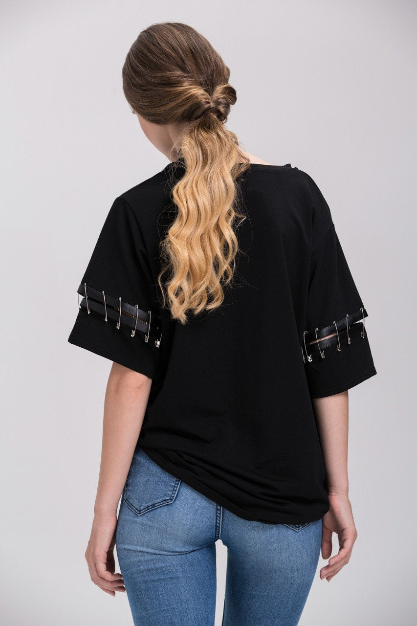 Black Oversized Pin Shoulder Detail Top - ownthelooks-Development