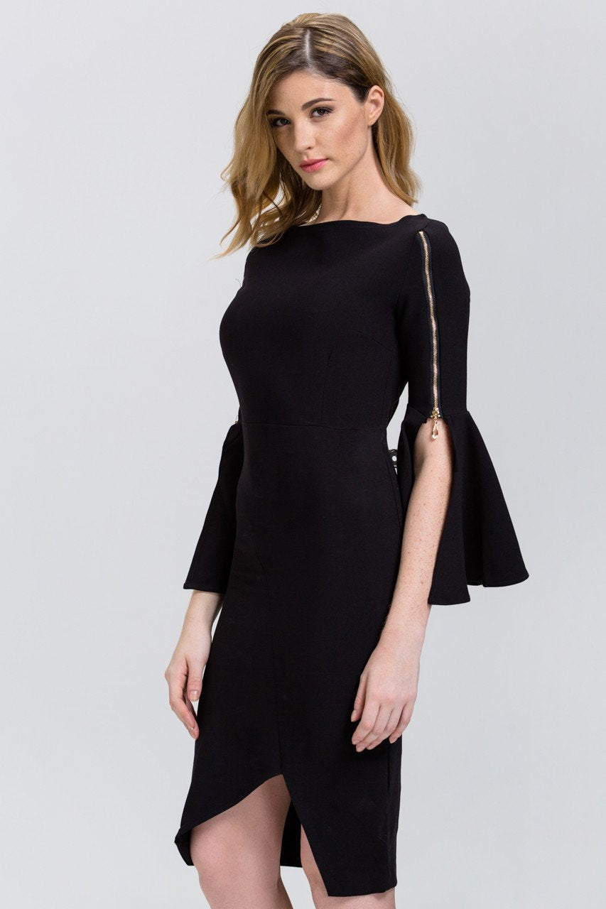 Black Zip Up Flare Sleeve Midi Dress - ownthelooks-Development