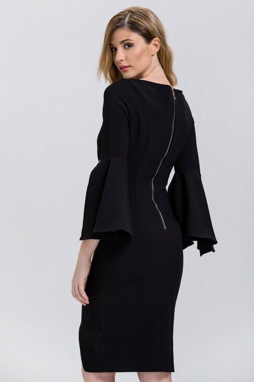 Black Zip Up Flare Sleeve Midi Dress - ownthelooks-Development