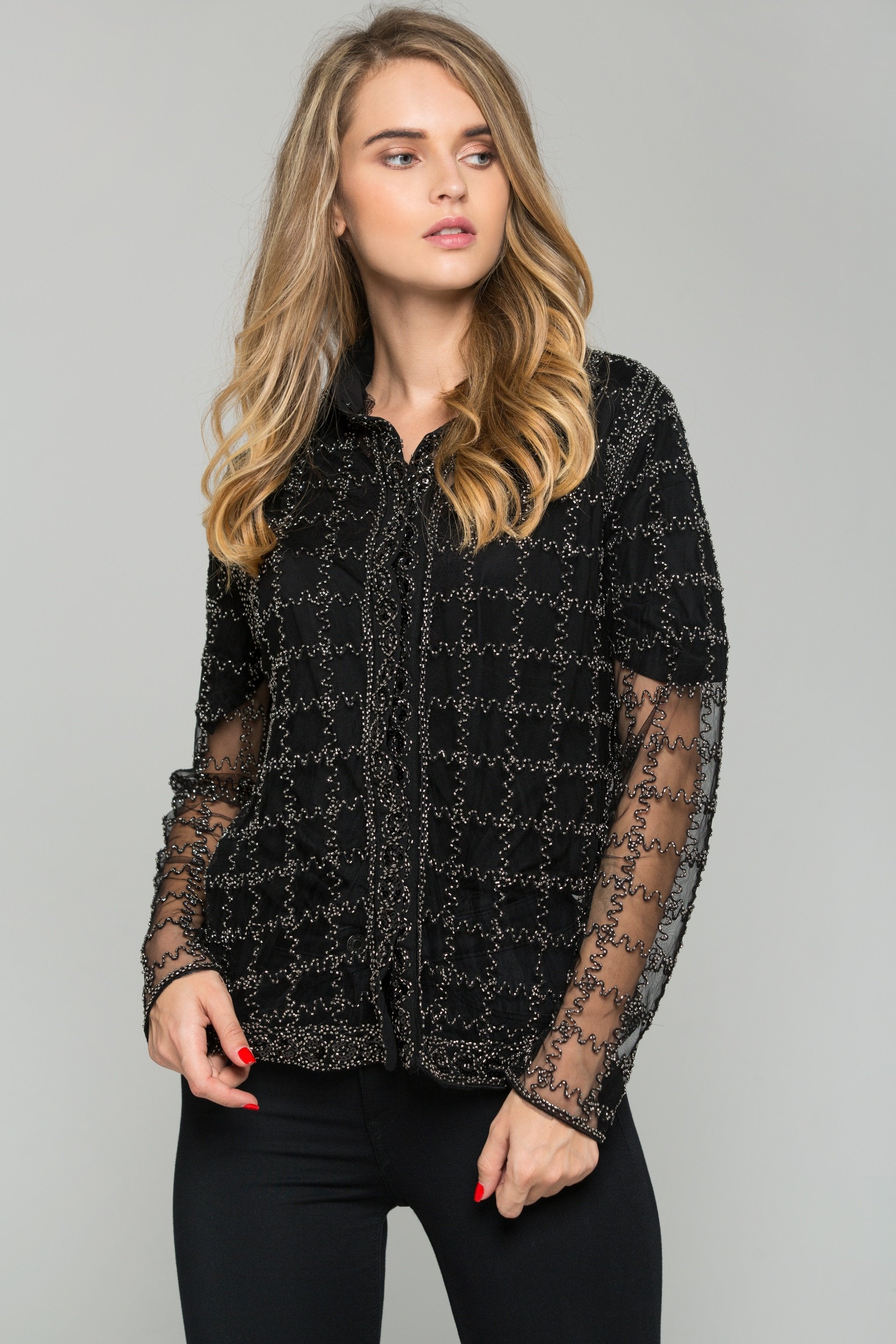 Black and Silver Embroidered Long Sleeved Top - ownthelooks-Development